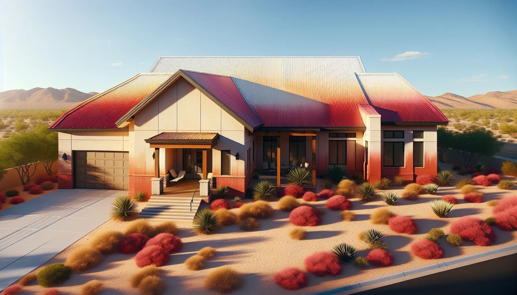 Desert home with red-tinted roof and landscaping. Beige siding and garage, sunny sky, arid terrain.
