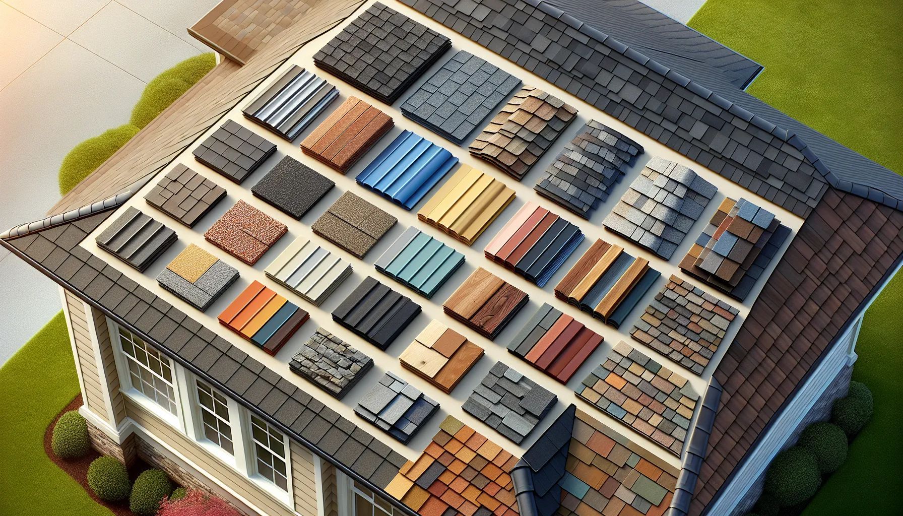There are many different types of shingles on the roof of a house.