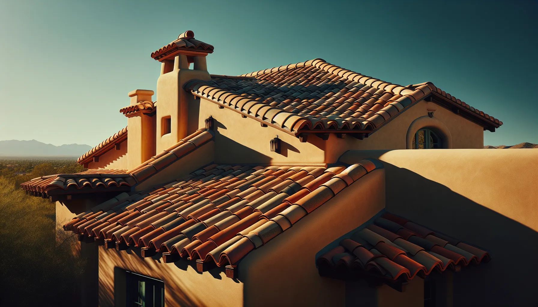 Spanish-style house with terracotta tile roof, chimney, stucco walls, and a sunny outdoor setting.