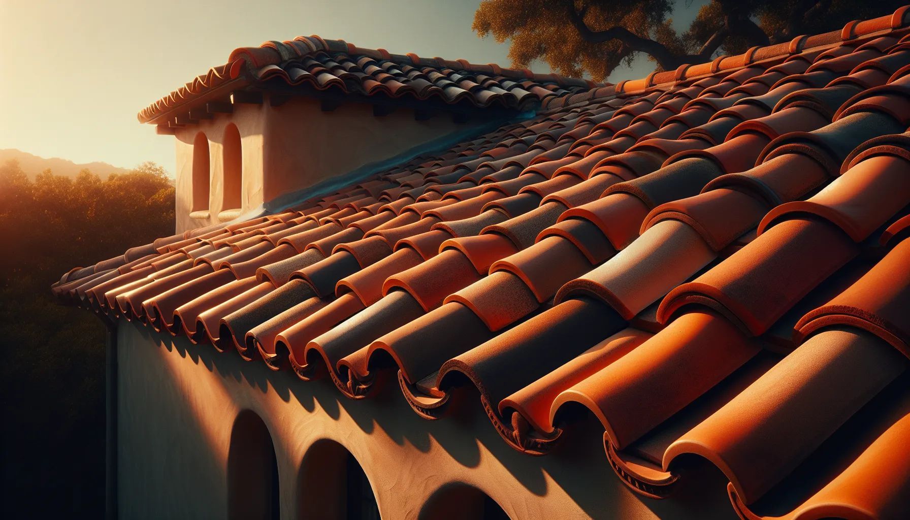 Clay tile roof of a Mediterranean-style building, bathed in sunlight.