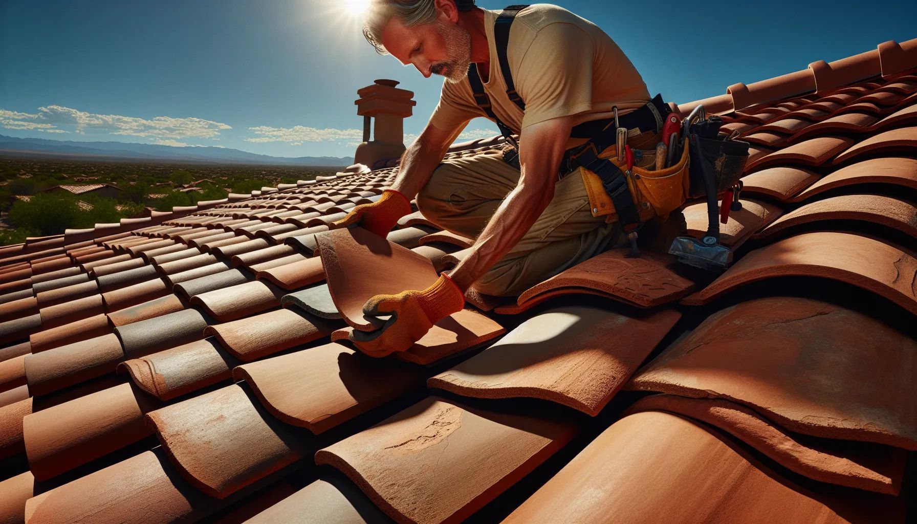 Roofer on a sunny day, installing terracotta tiles, wearing a harness, and safety gloves.