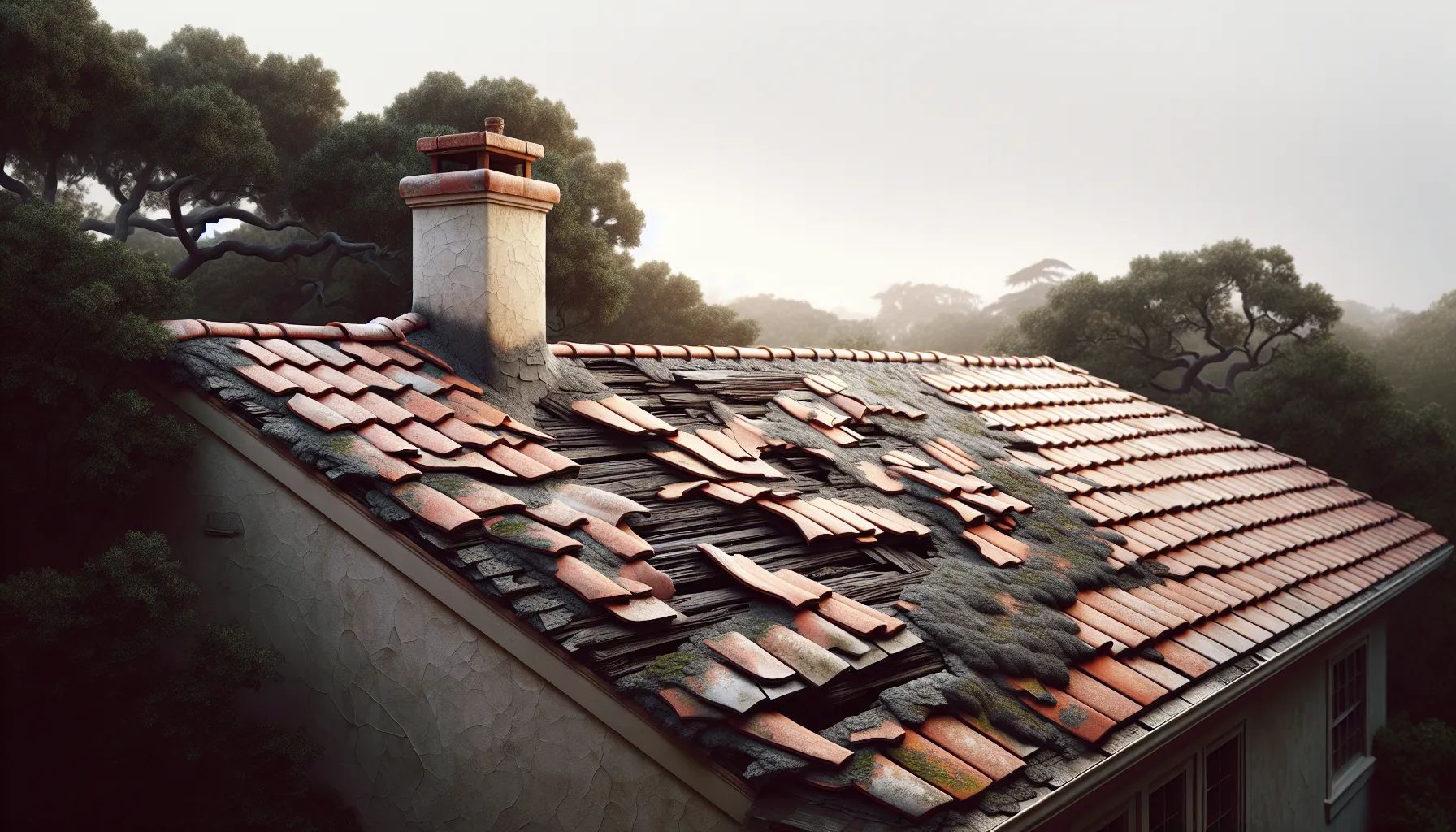 A damaged roof with missing tiles, chimney, and a foggy forest background.