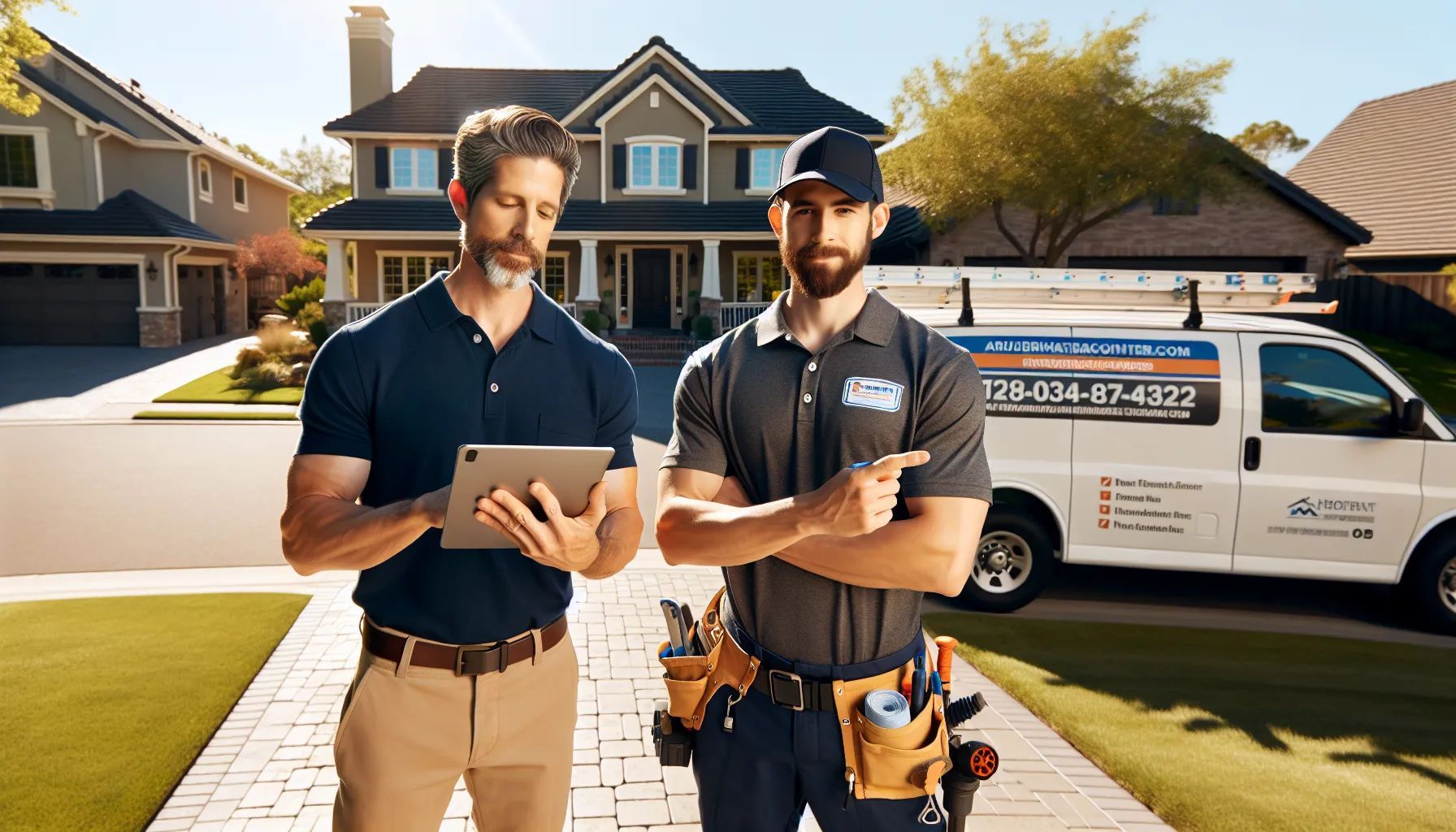 Two men in front of a house: one holding a tablet, the other pointing. A work van with a logo is behind them.