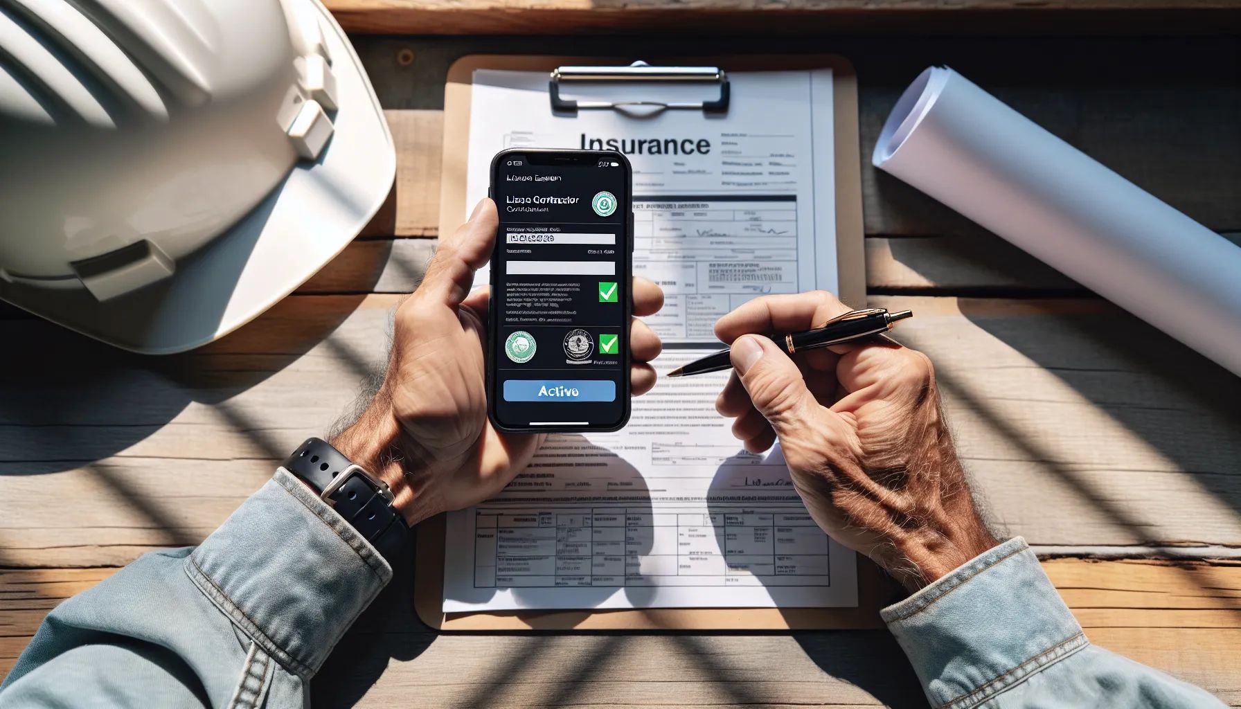 Hands holding a phone with an app, near paperwork, a hard hat, and blueprints.