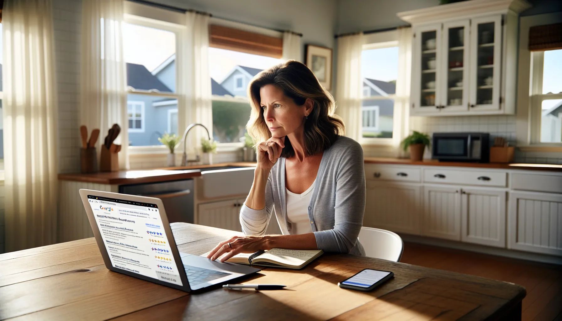 Woman working on a laptop in a sunny kitchen, looking thoughtful, with a notebook and phone nearby.