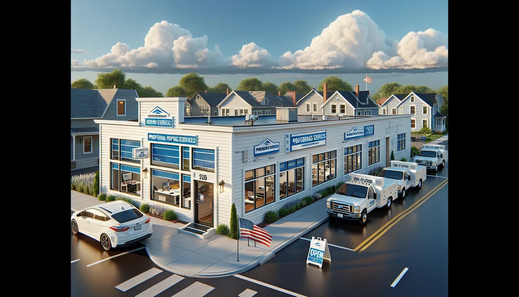 A white building with blue signage, service vehicles parked outside, and an American flag.