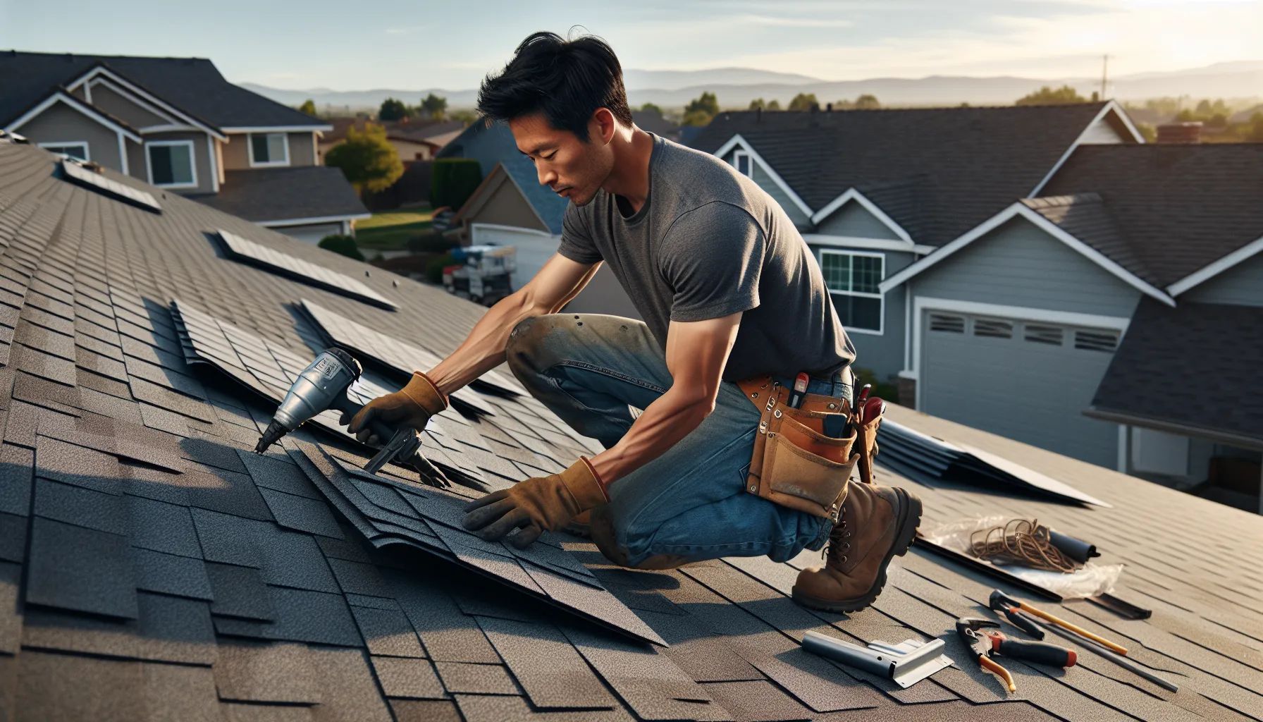 Roofer on a roof, installing shingles with a drill. Daytime, houses in the background.