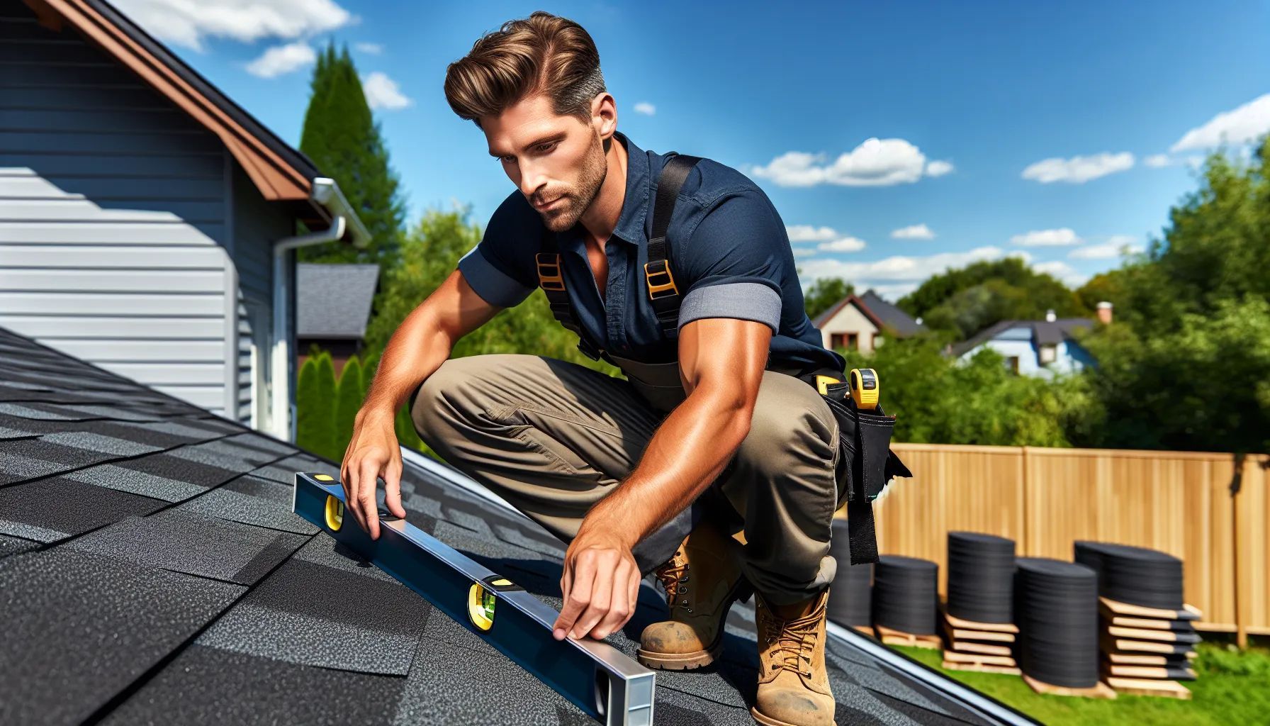 Man on a roof using a level, assessing shingles. Sunny day, residential setting.