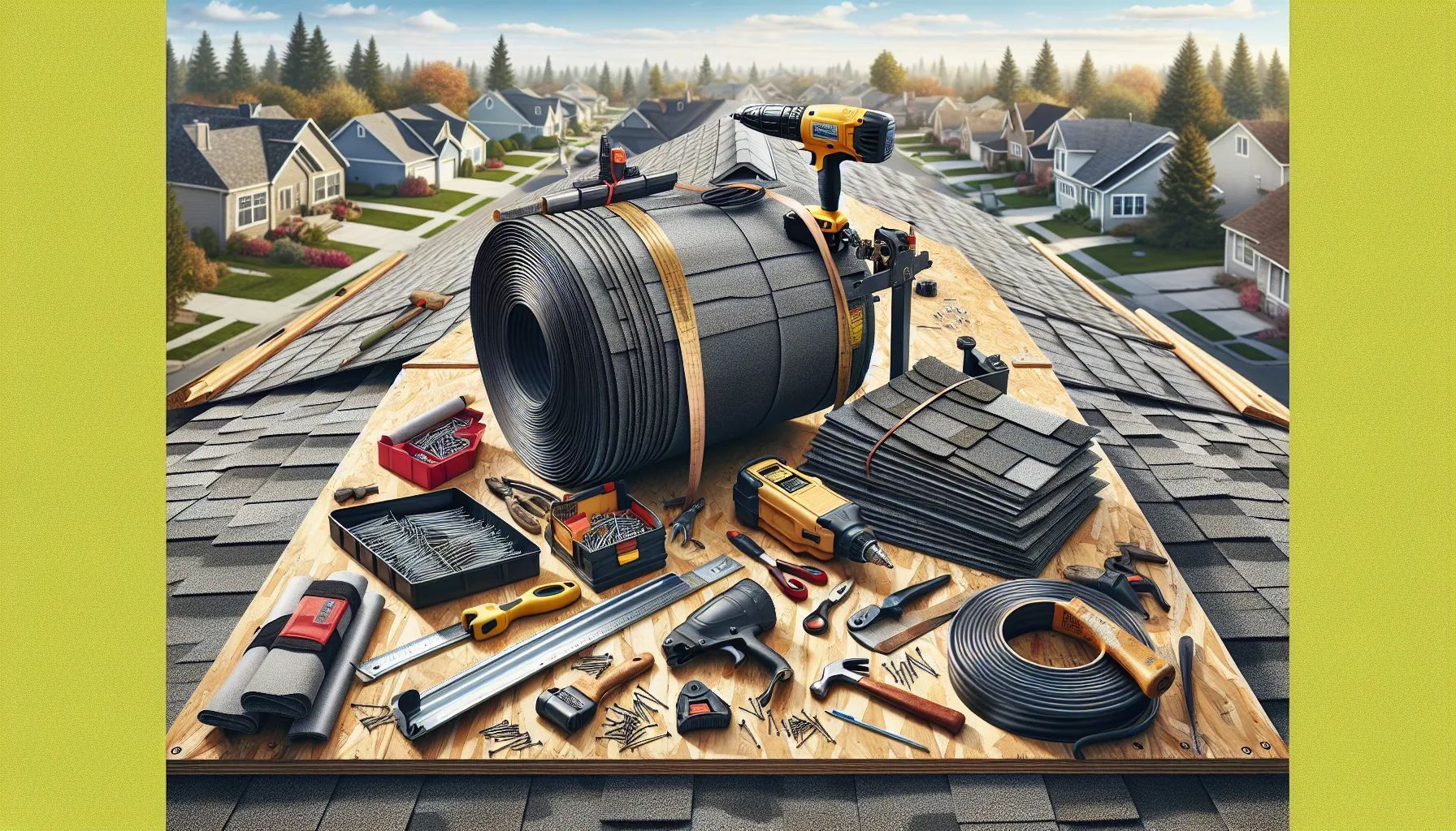 Roofing tools and materials on a roof with houses in the background.