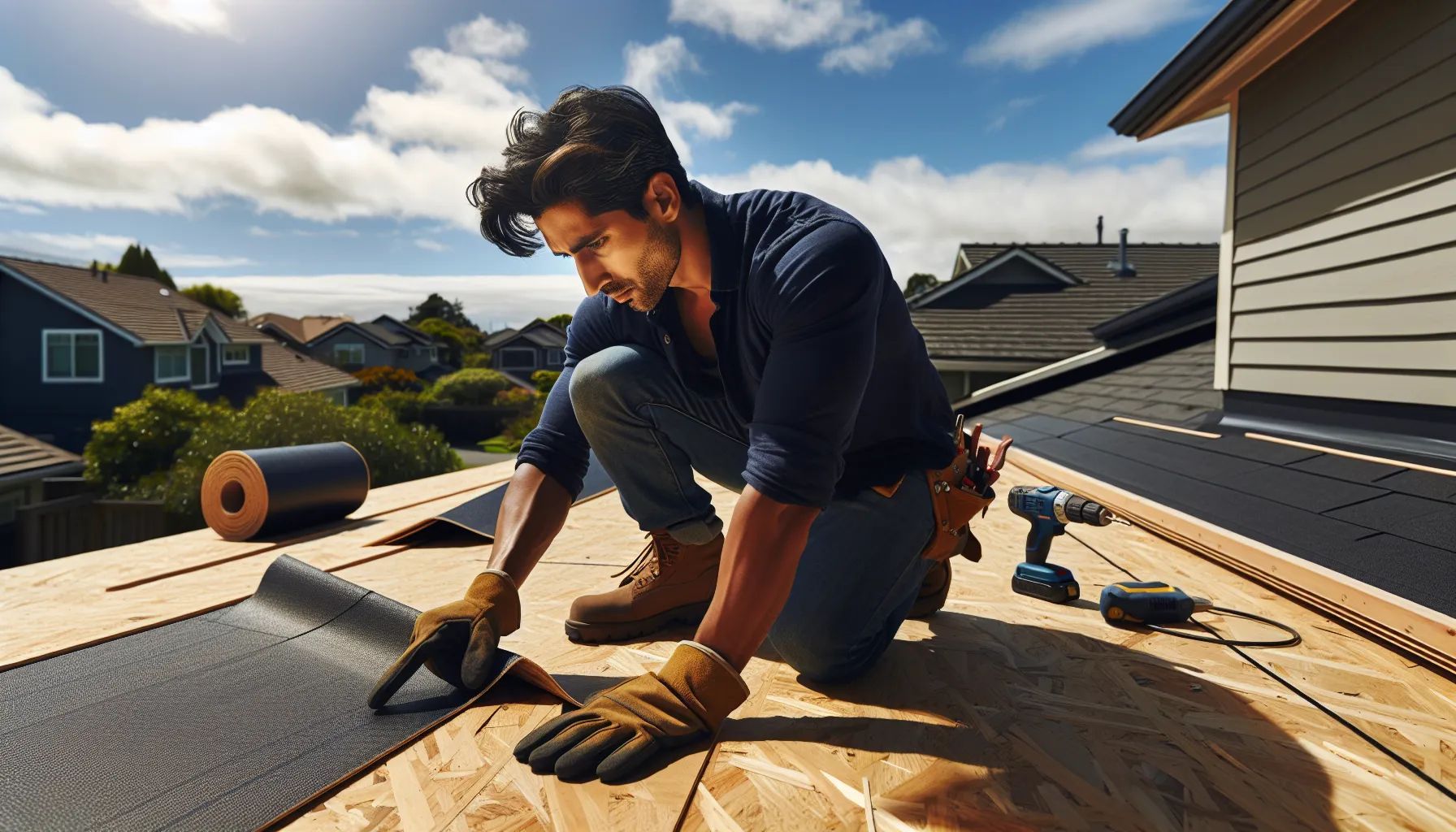 Man roofing a house, kneeling on the roof, installing black material with tools and gloves.