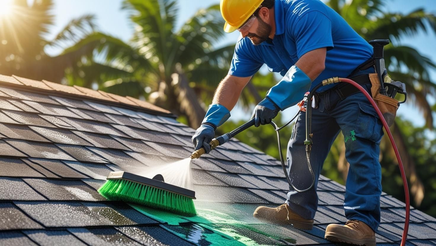 A man is cleaning a roof with a brush and a high pressure washer.
