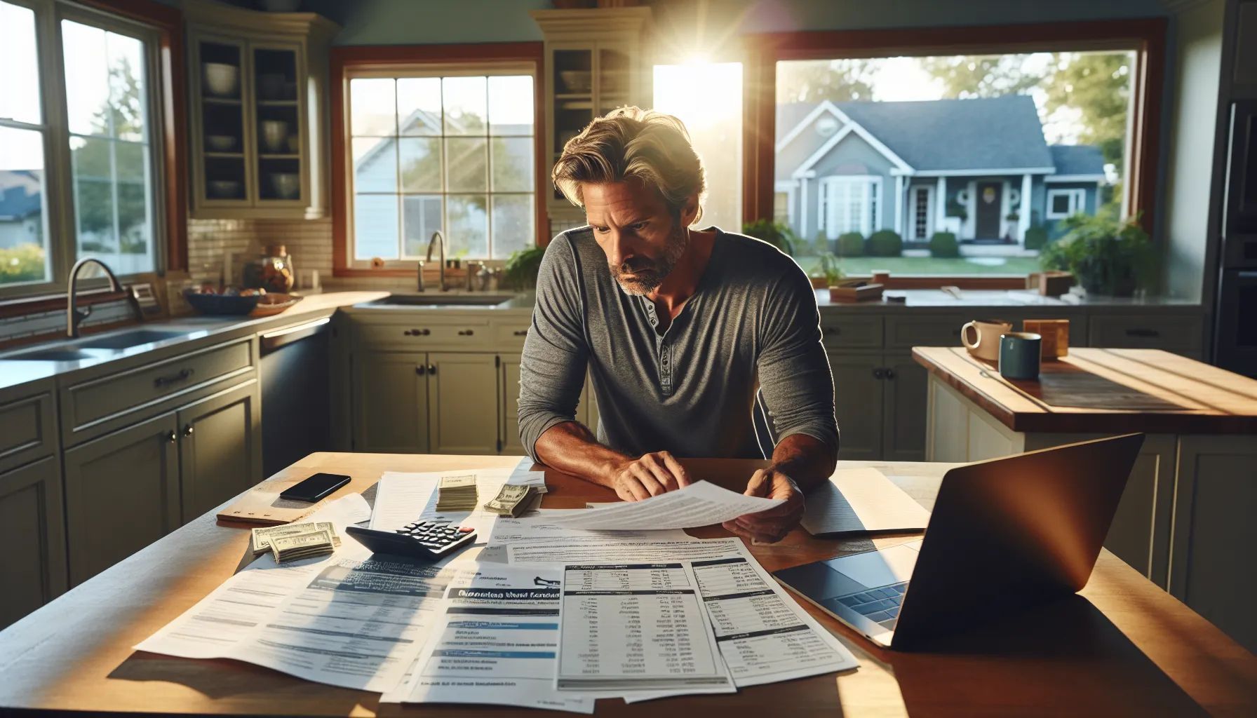 Man reviewing bills at a kitchen table, sunlight streams through windows, house in background.