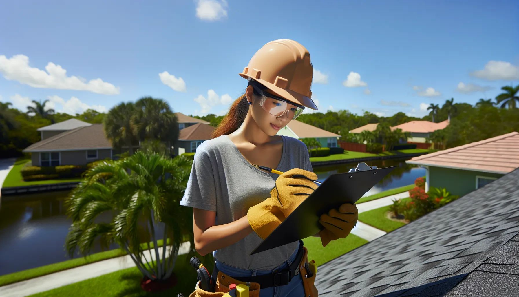 A woman is standing on top of a roof looking at a clipboard.