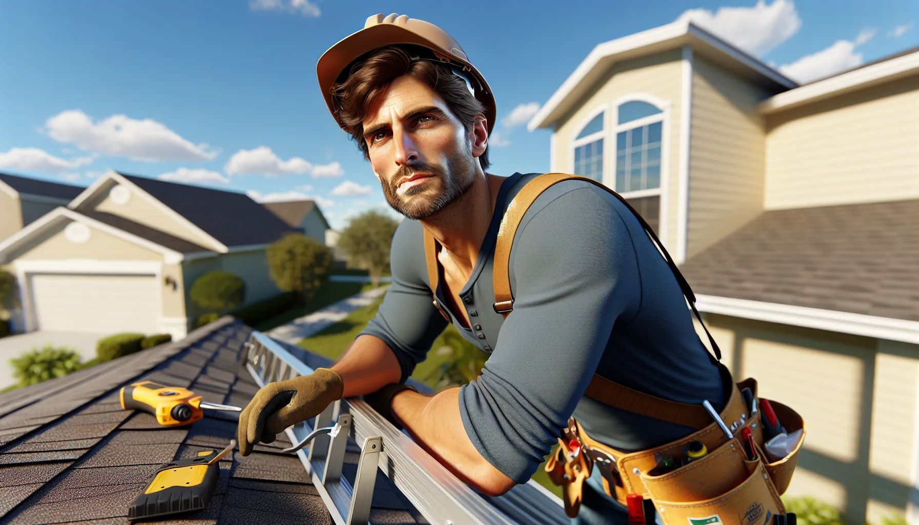 A man is leaning on a ladder on the roof of a house.