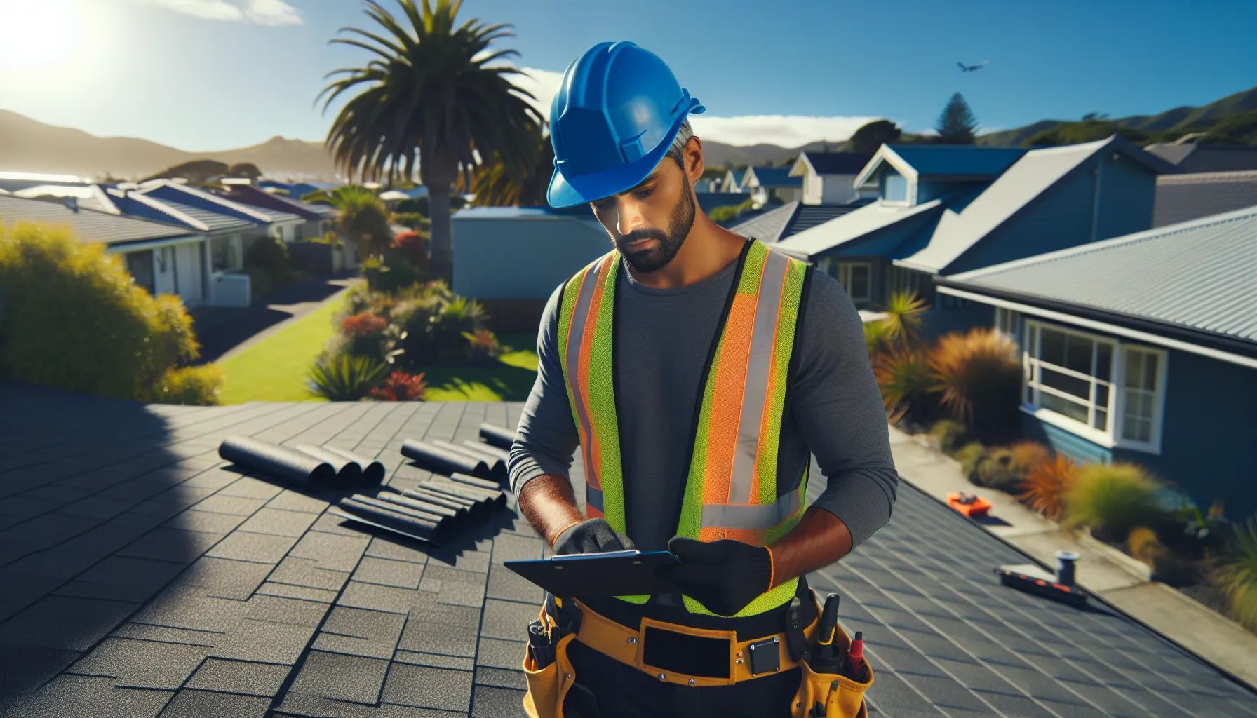A construction worker is standing on a roof looking at a tablet.