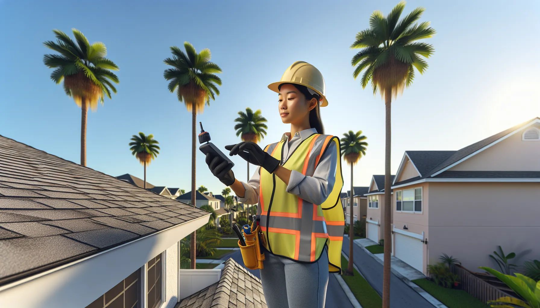 A woman is standing on the roof of a house holding a cell phone.