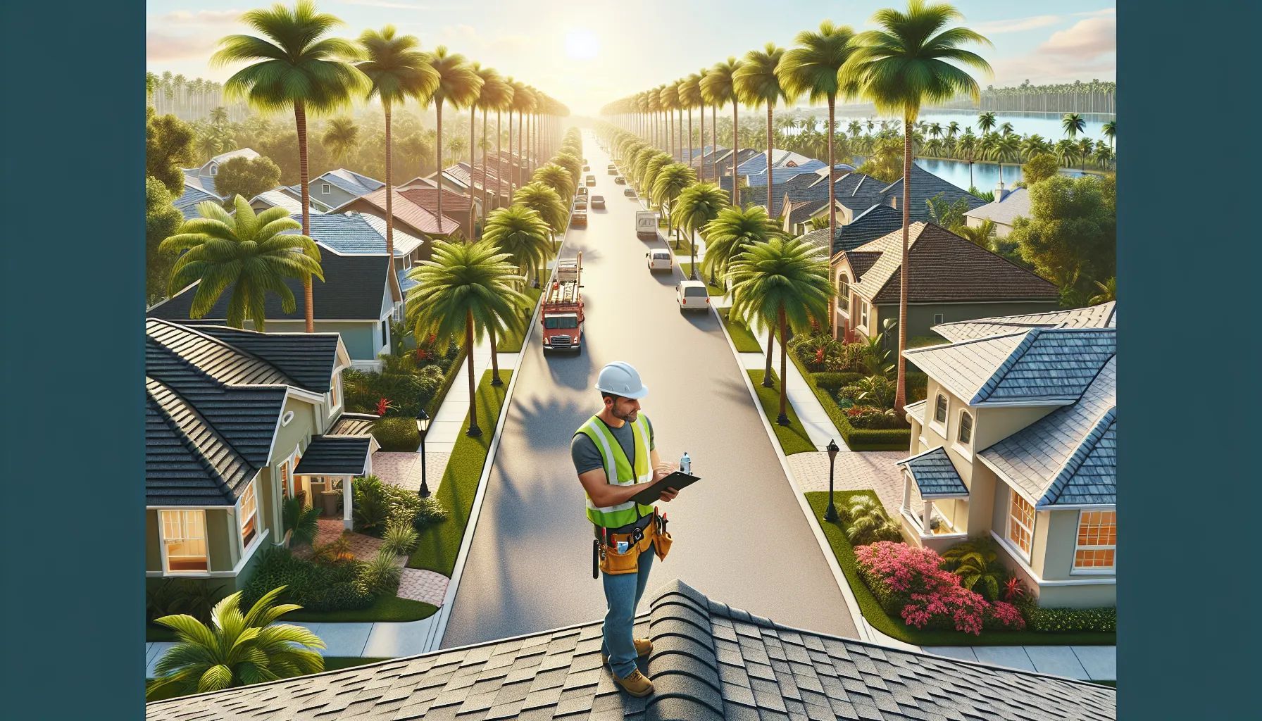 Man inspecting a roof in a Florida residential area.