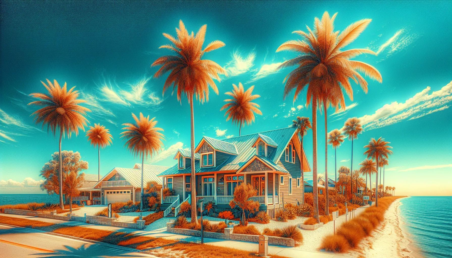 A house on a small island surrounded by palm trees next to the ocean.