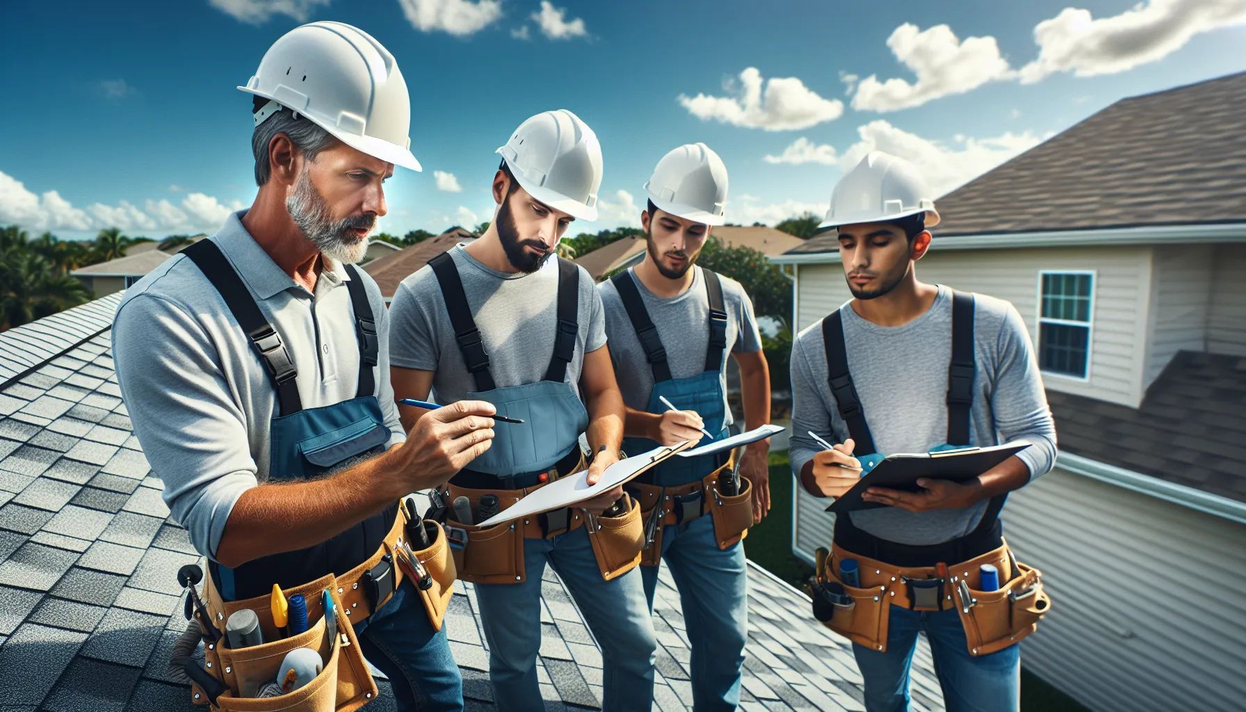 A group of construction workers are standing on top of a roof looking at a clipboard.