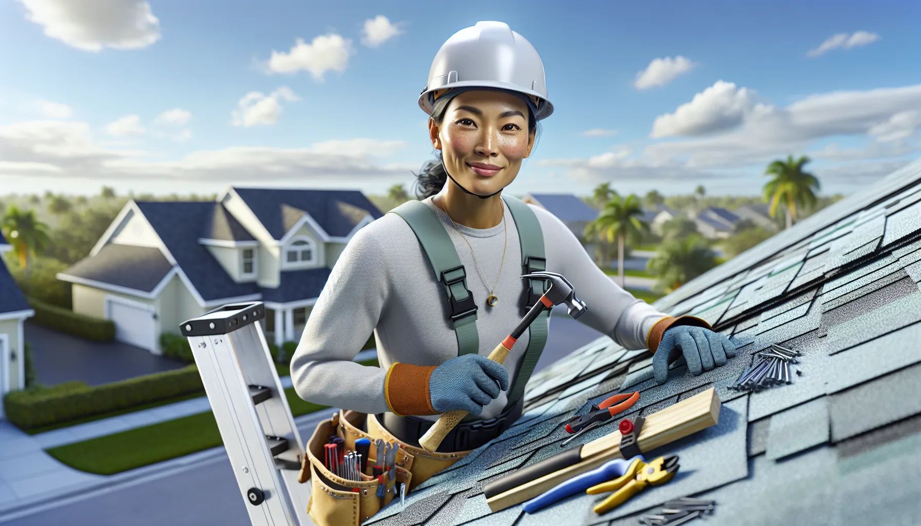 A woman is working on the roof of a house.
