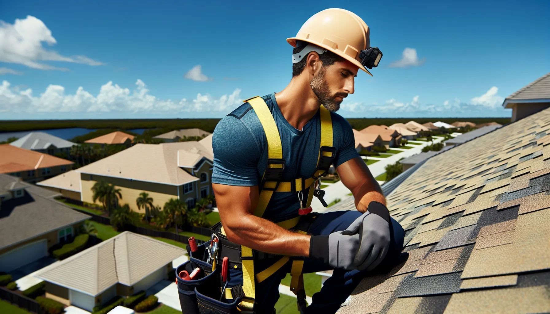 A man is working on the roof of a house.
