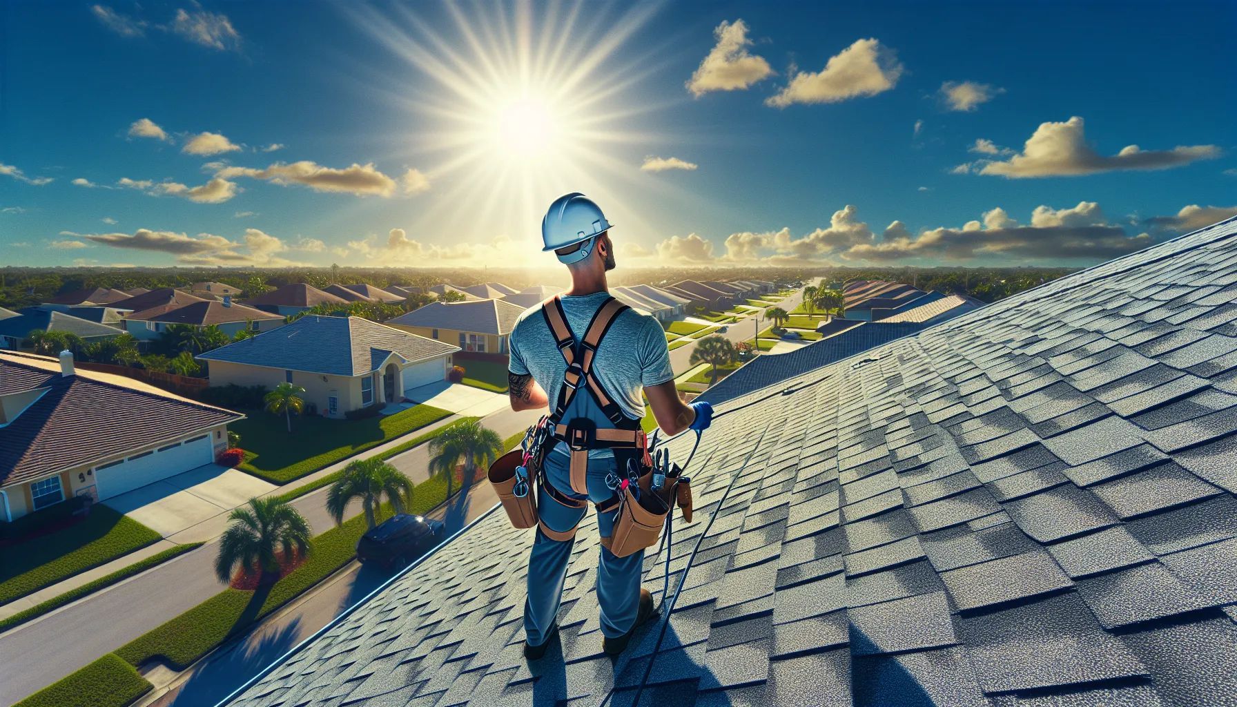 A man is standing on top of a roof looking at the sun.
