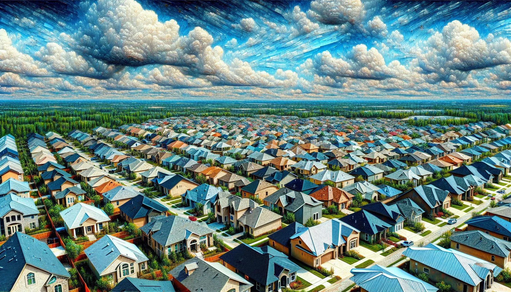 An aerial view of a residential area with lots of houses and clouds in the sky.