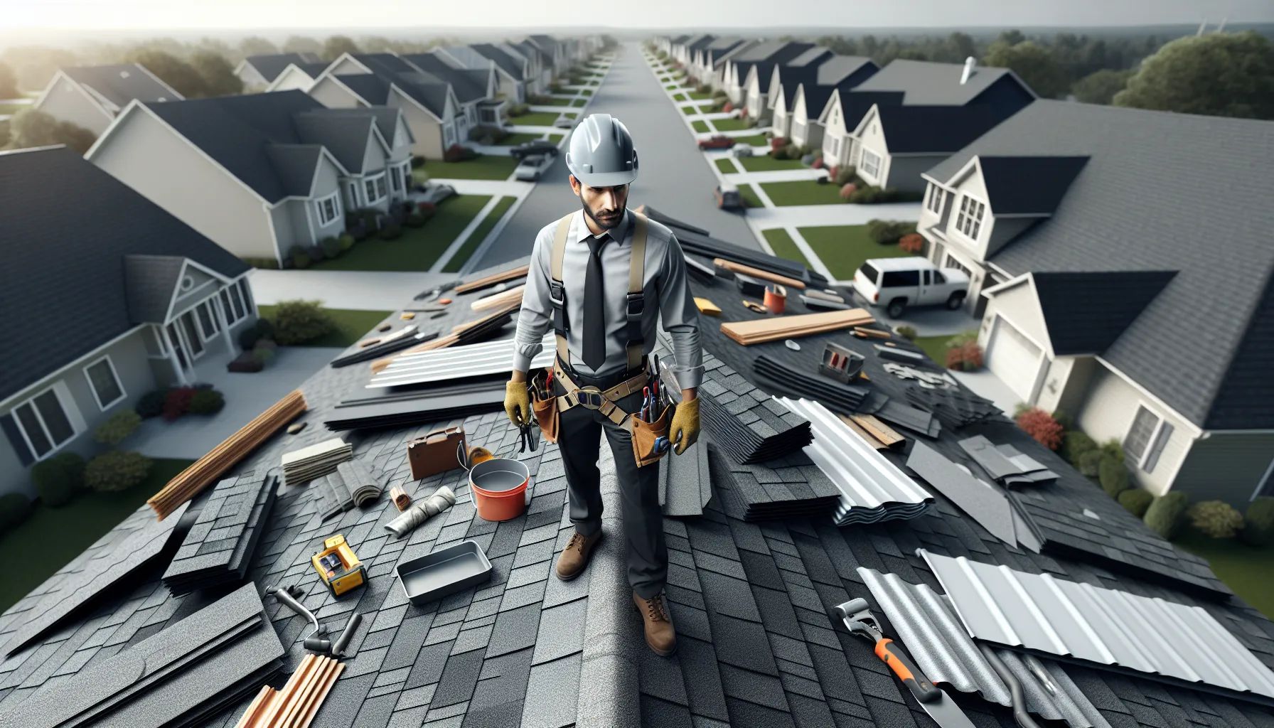 A man is standing on top of a roof in a residential area.