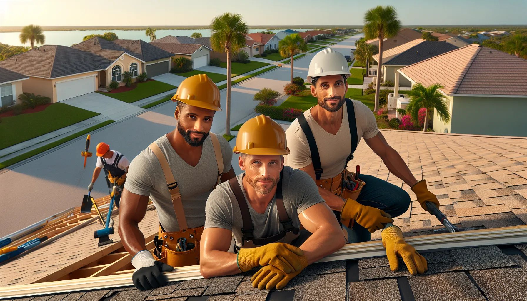 Three construction workers are sitting on top of a roof.