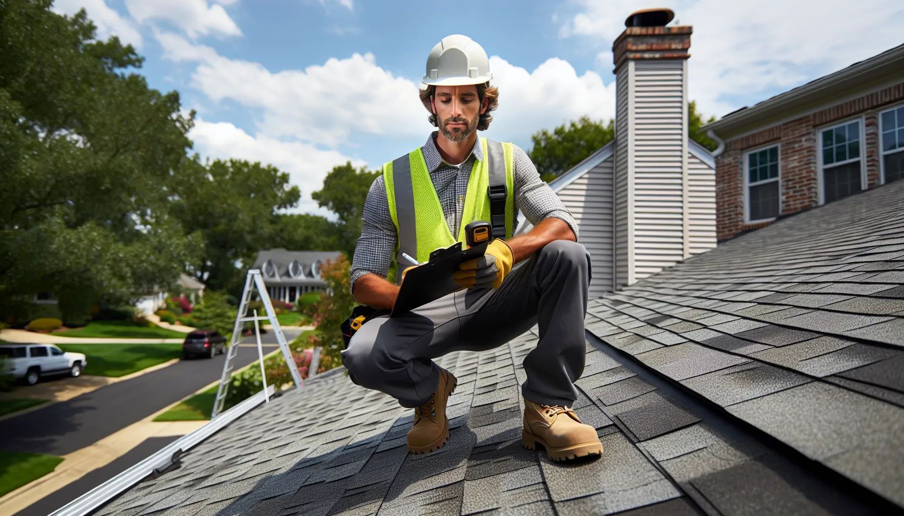 Roofer in hard hat and vest squats on a roof, inspecting shingles.