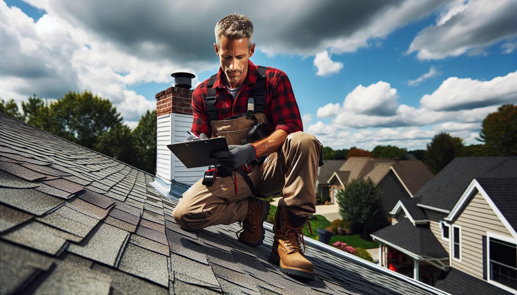 Roofer in overalls inspecting a roof, writing on a clipboard, sunny day.
