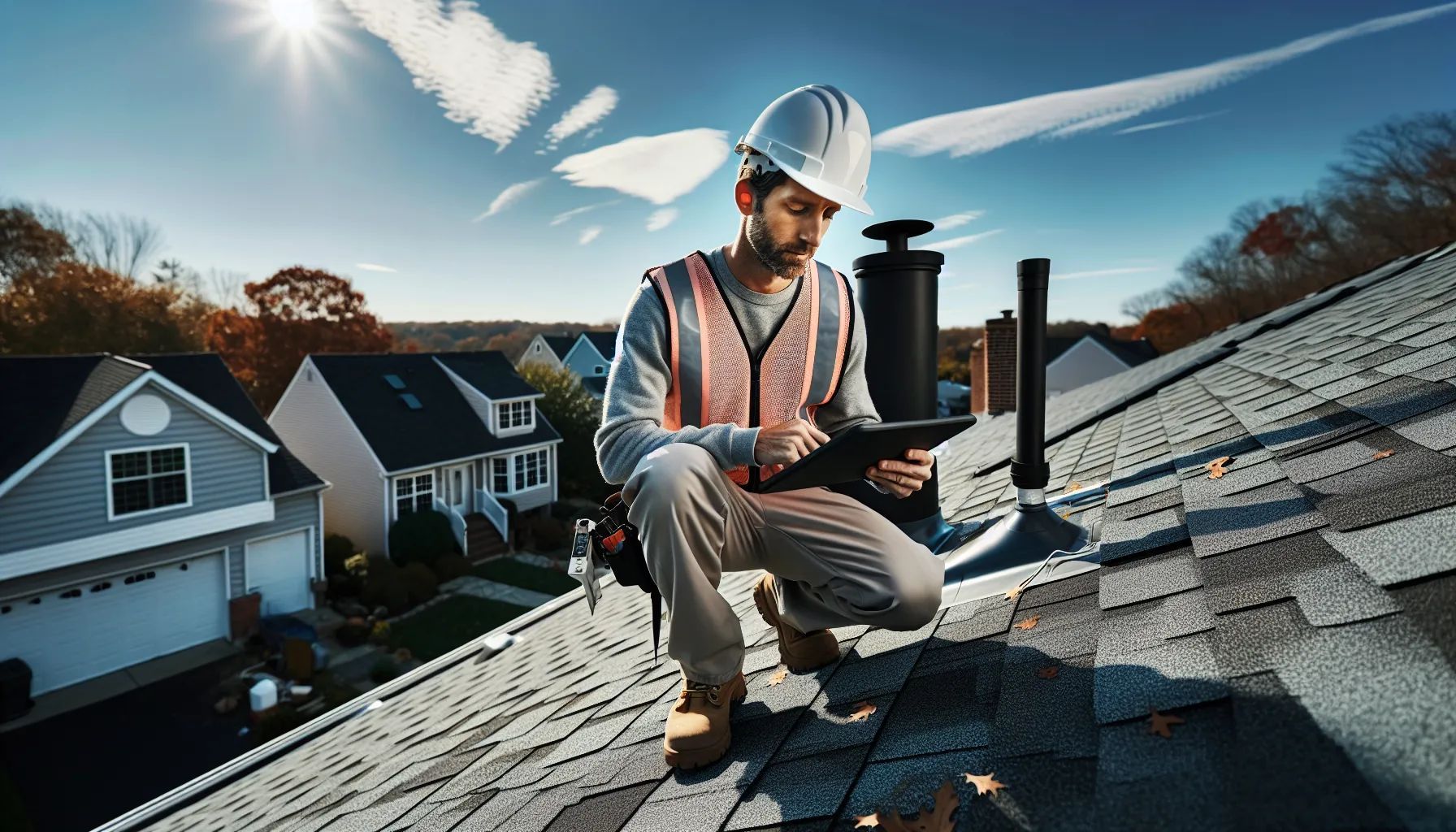 Roofer in safety gear on a roof, inspecting with a tablet under a sunny sky.