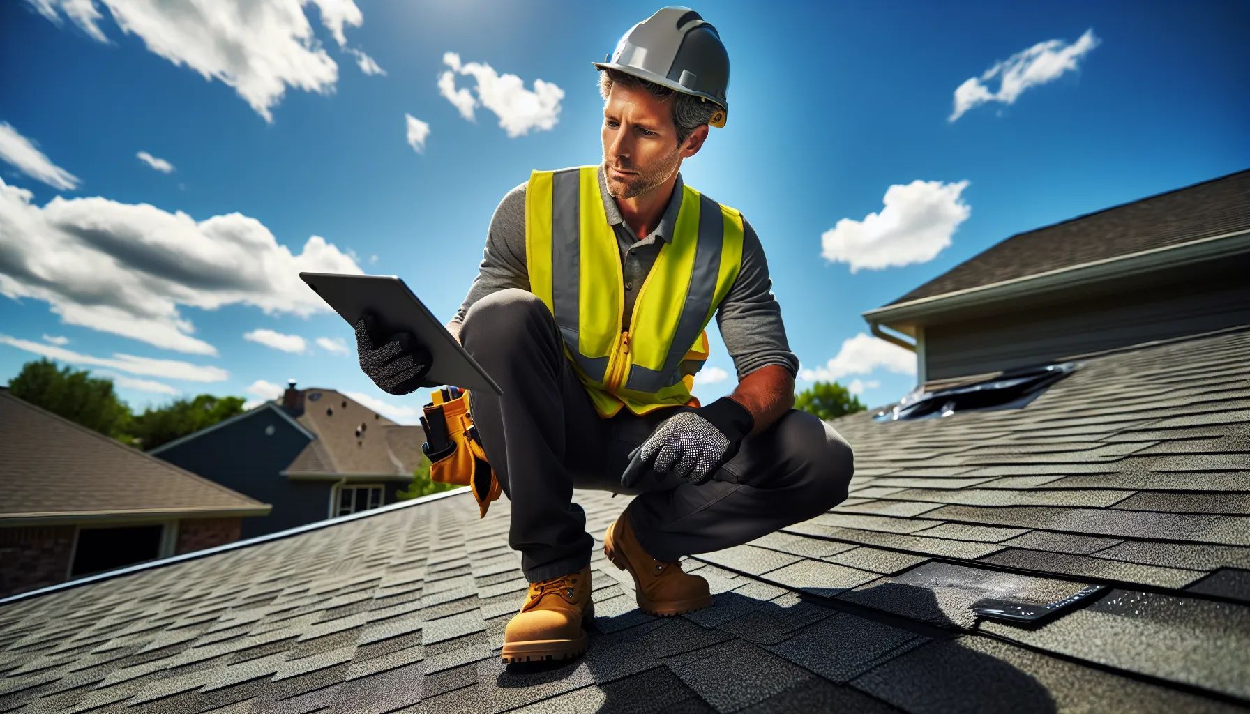 Roofer in hard hat and vest on a roof inspecting with a tablet, sunny sky.