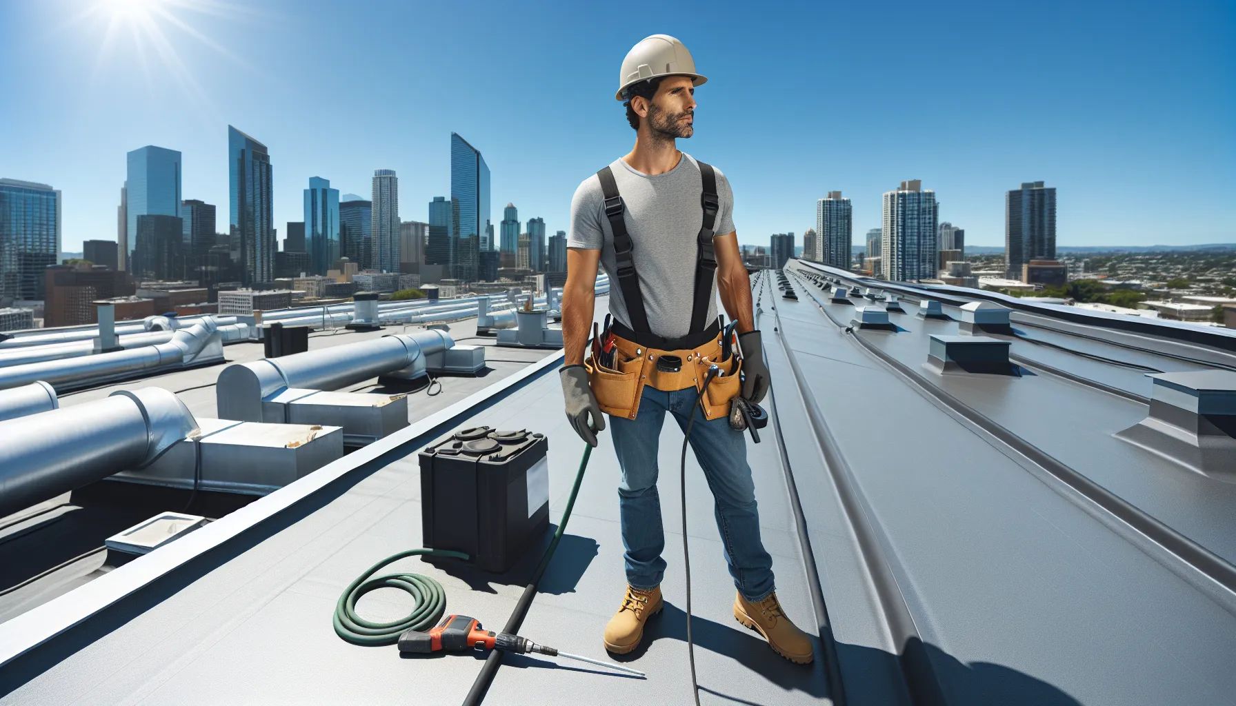 A man is standing on top of a roof with a city in the background.
