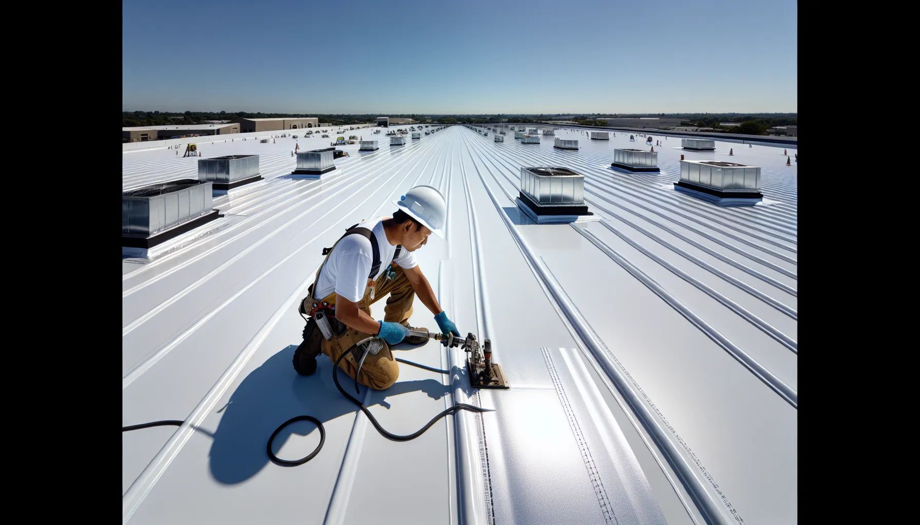 Roofer in safety gear welding on a white metal roof under a clear sky.