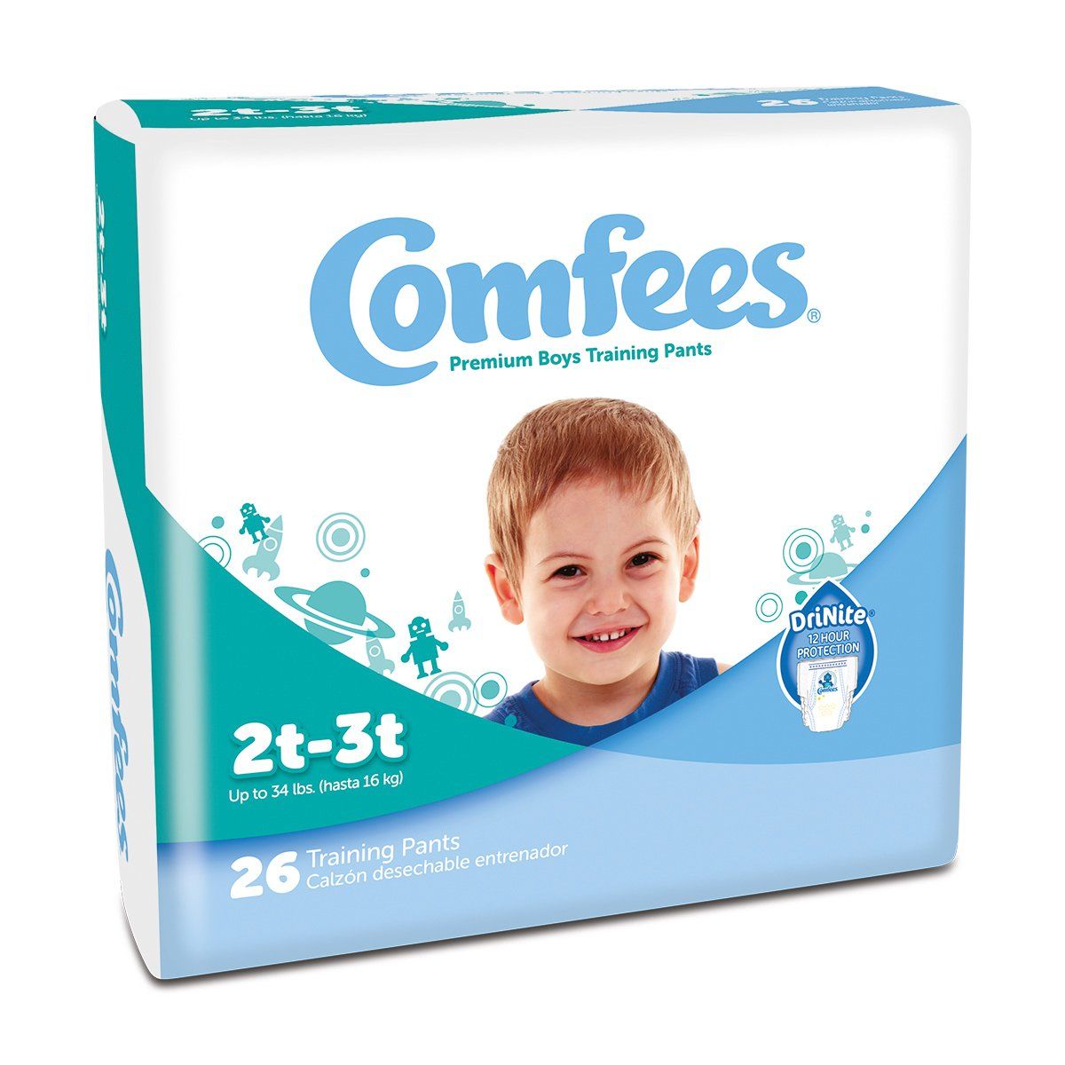 A box of comfee 's diapers with a boy on it