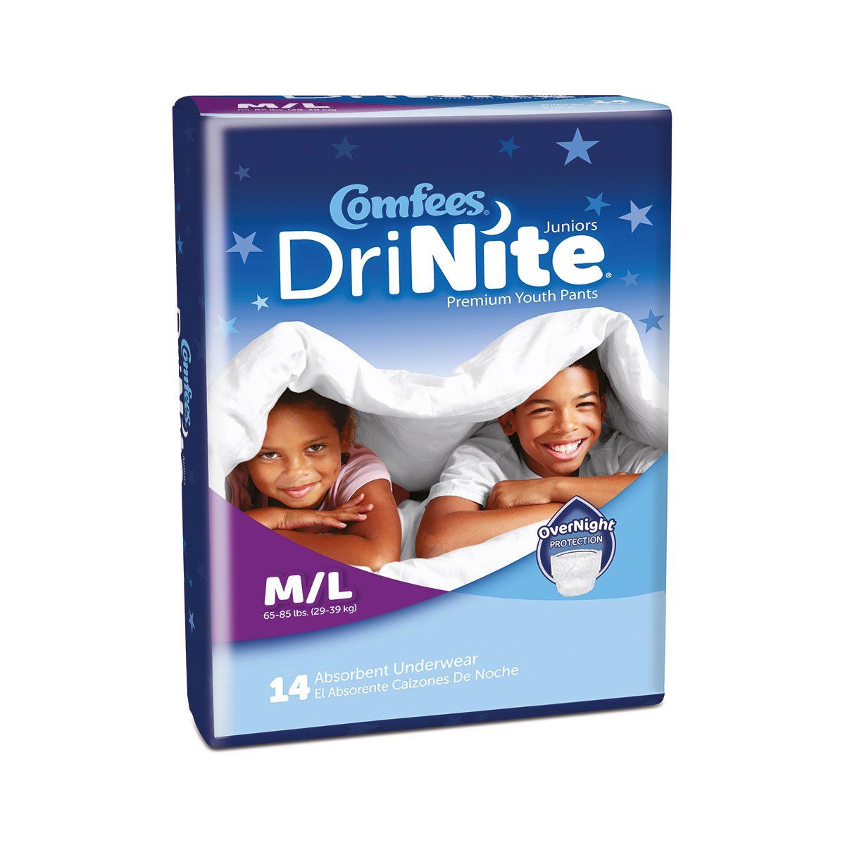 A box of comfee drinite diapers with a picture of two children under a blanket.