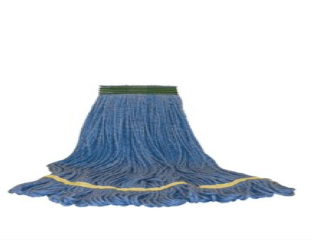 A blue mop with a yellow stripe on the bottom is on a white background.