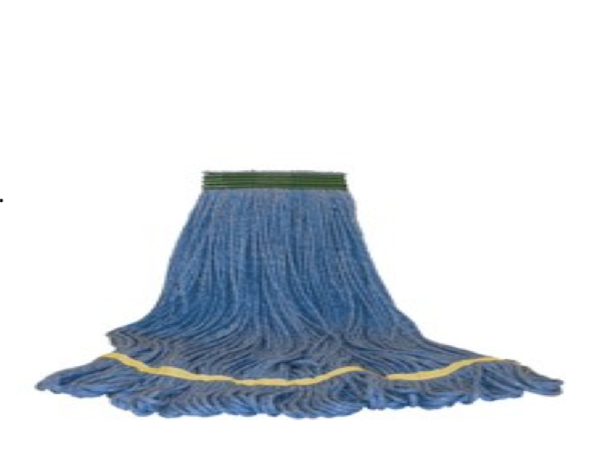 A blue mop with a yellow stripe on the bottom