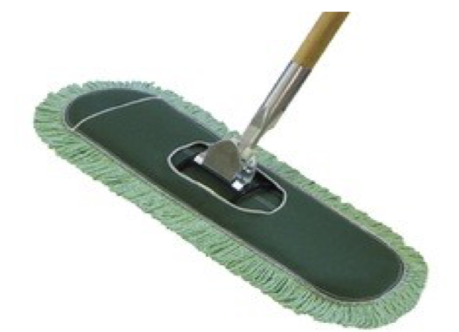 A green mop with a wooden handle on a white background