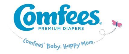 The logo for comfee 's premium diapers with a butterfly on it.