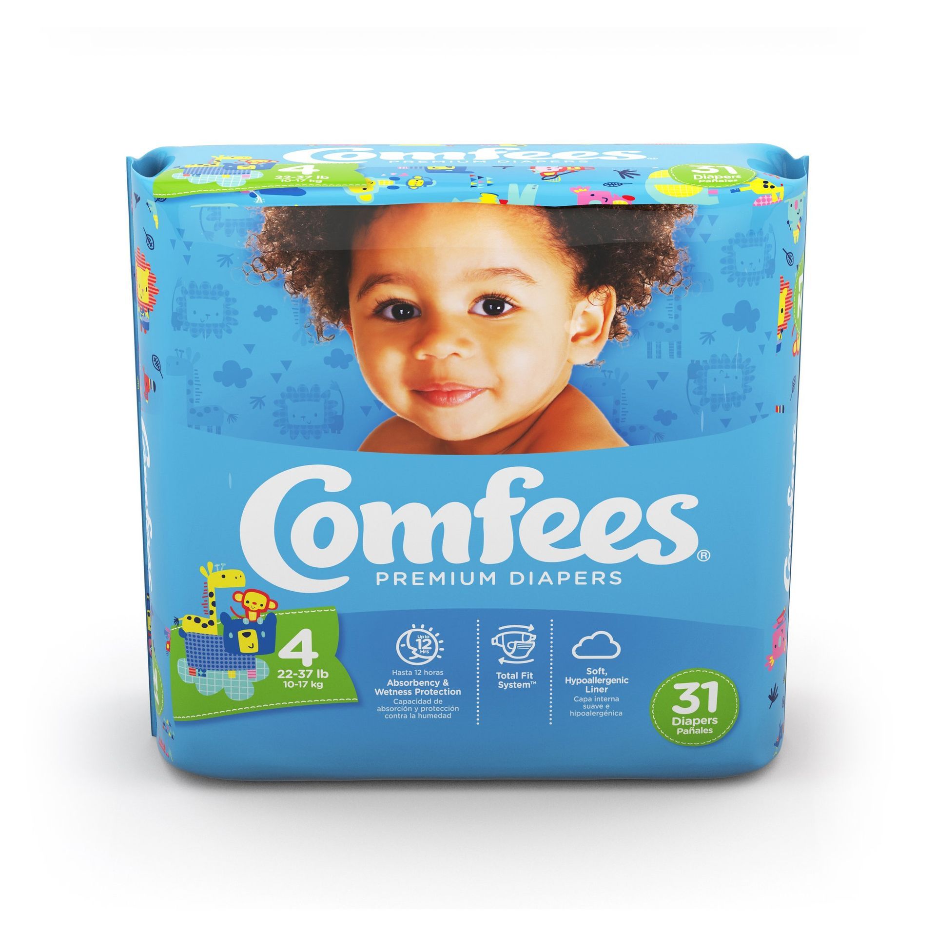 A package of comfee diapers with a picture of a baby on it