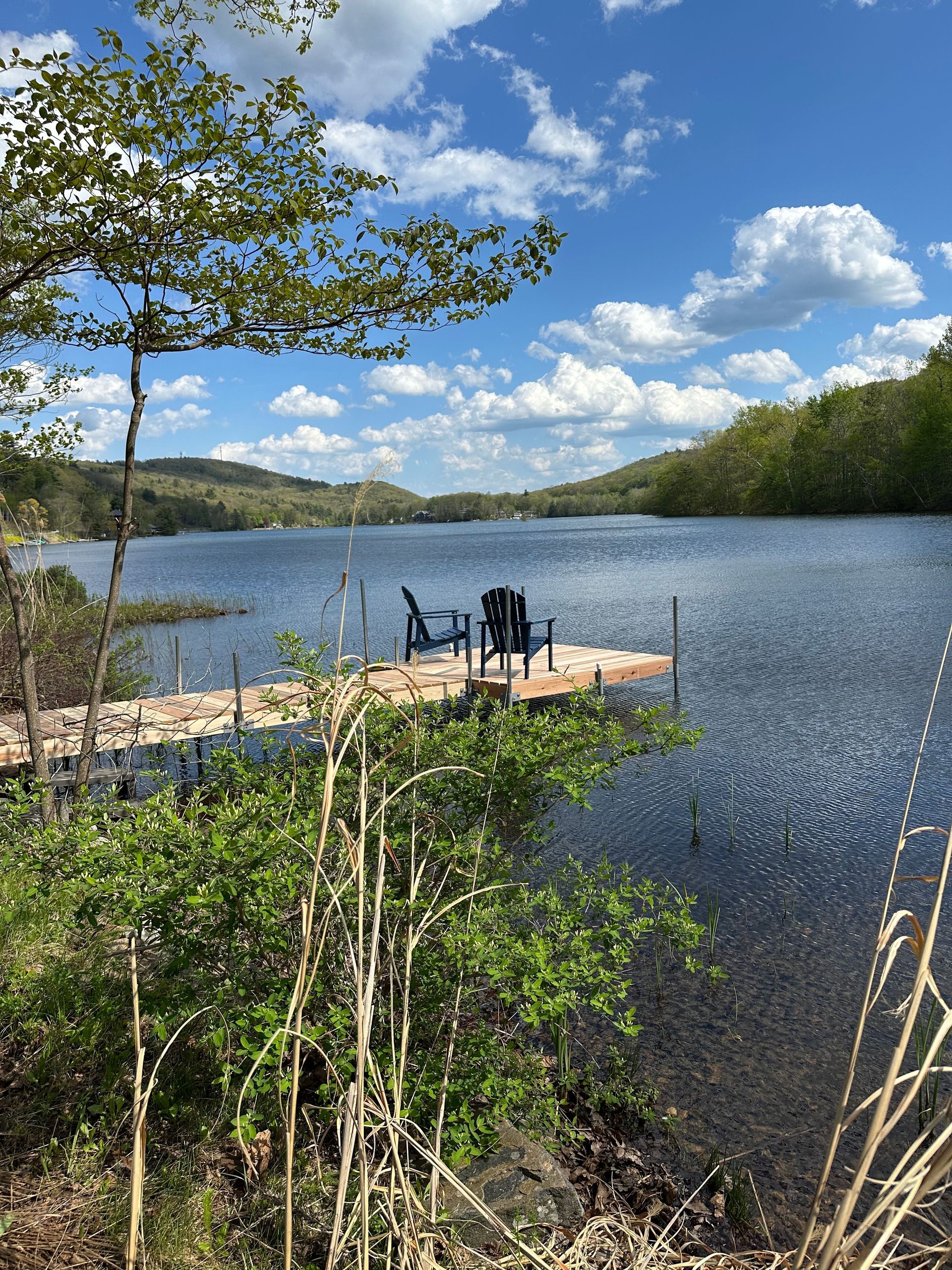 Wooden dock on a calm lake under a blue sky with clouds, framed by trees and shoreline plants.