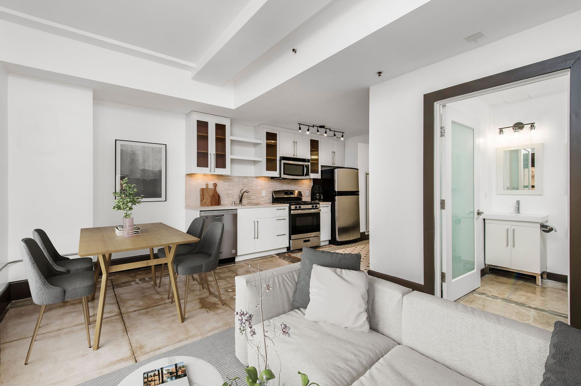 Living room with view of kitchen
