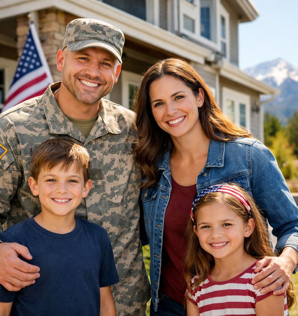Family in front of a house, man in uniform, woman, and two children, smiling. American flag.