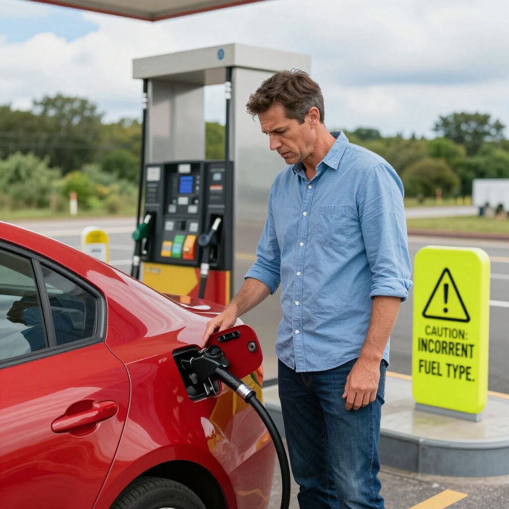 Man fueling a red car at a gas station. He looks at the pump, which has a caution sign for incorrect fuel type.