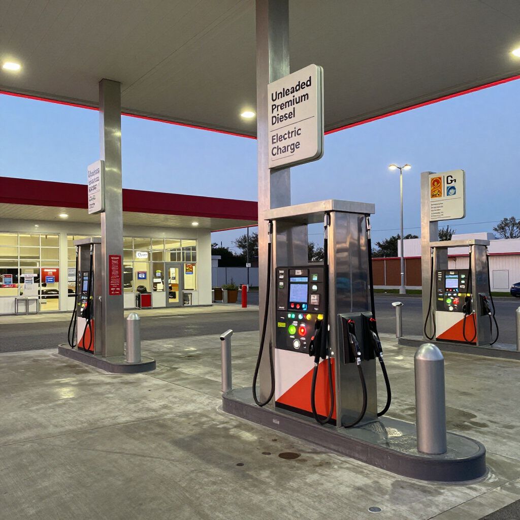 Gas station fuel pumps under a canopy with signage for unleaded, premium, and electric charge.