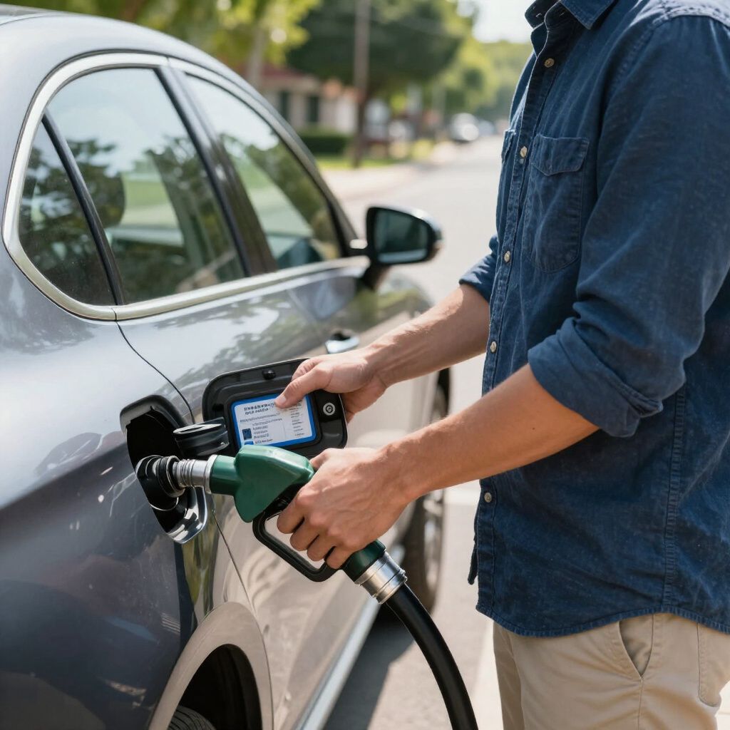 Person fueling a gray car at a gas station, holding the fuel nozzle.