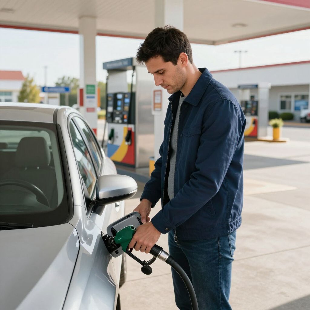 Man refueling a silver car at a gas station.