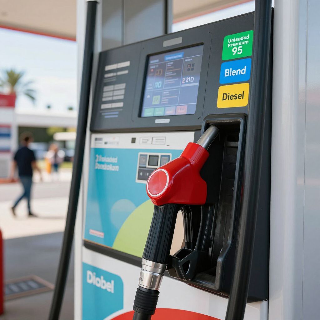 Gas pump with a red nozzle, screen, and fuel options.